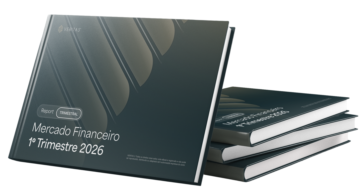 Imagem de um relatório físico intitulado ‘Mercado Financeiro 1º Trimestre 2026’ com empilhamento de três livros/cadernos com capa escura e design moderno.